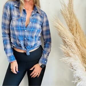 ROXY Blue White Grey Stripe Check Plaid Print Button Down Shirt Top Blouse S